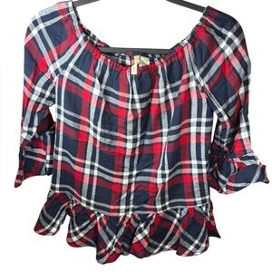 Japna Anthropologie Plaid Peplum Top Small Red Navy Cottagecore Boho